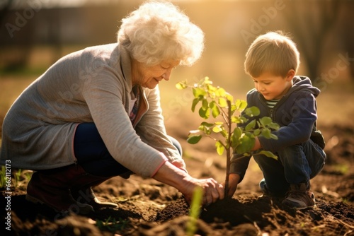 Héritage naturel : Grand-mère et petit-fils plantant un arbre pour l'avenir