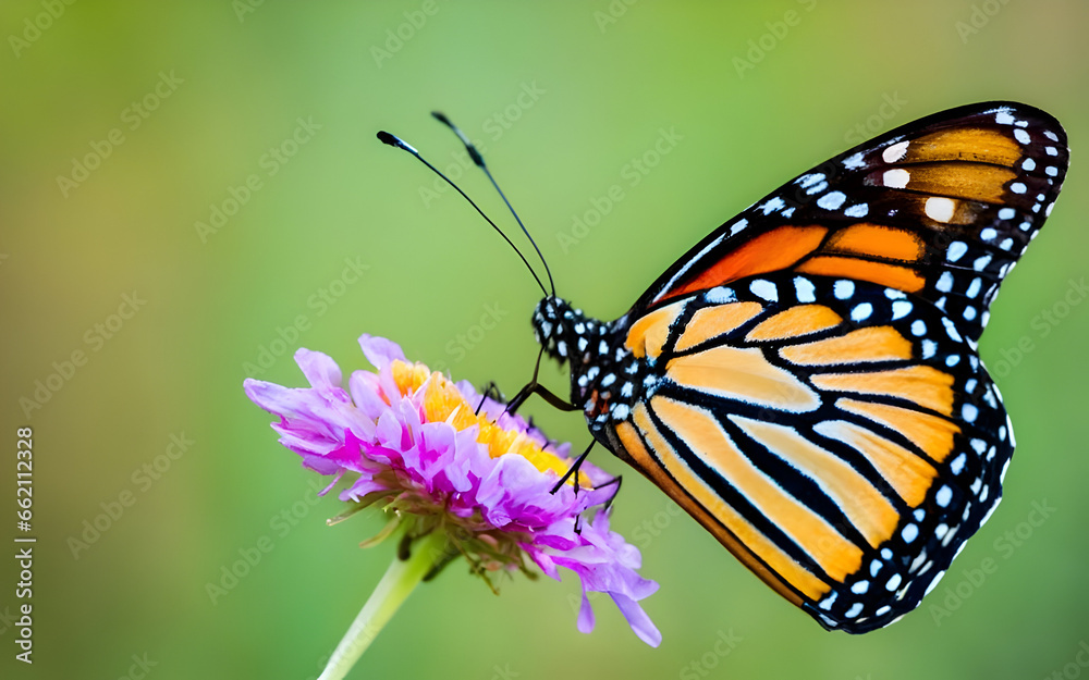 Naklejka premium butterfly on flower Create a vibrant and multicolored butterfly with an intricate pattern on its wings. The composition should highlight the vivid and diverse color palette found in butterflies.