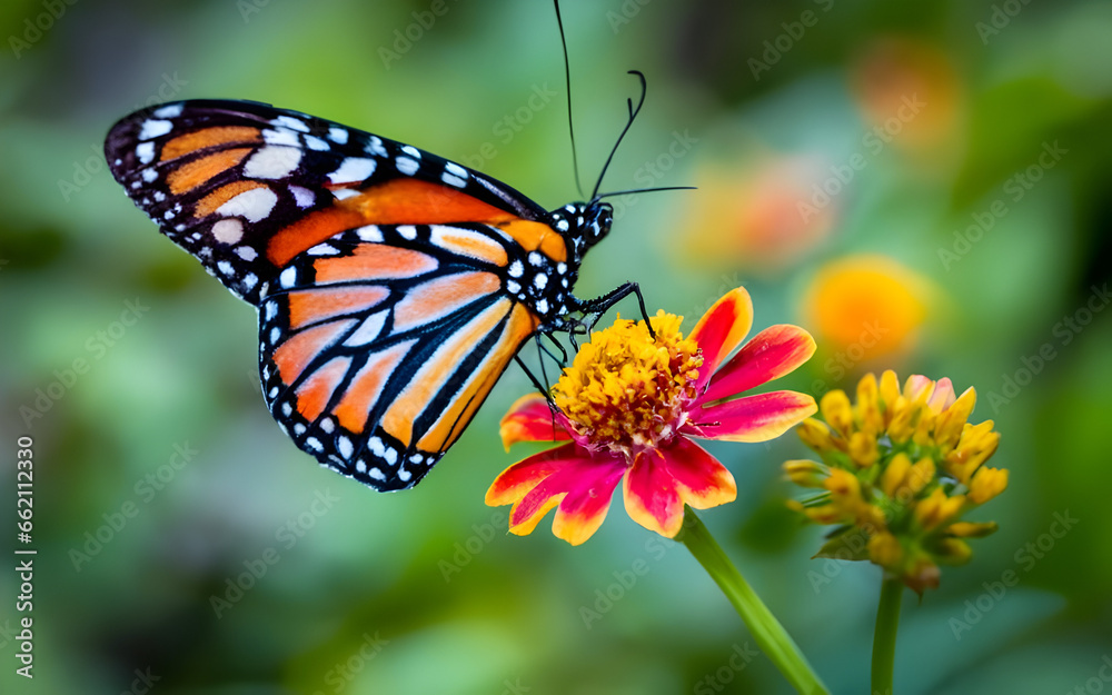 Create a vibrant and multicolored butterfly with an intricate pattern on its wings. The composition should highlight the vivid and diverse color palette found in butterflies. Create a vibrant and multicolored butterfly with an intricate pattern on its wings. The composition should highlight the vivid and diverse color palette found in butterflies.