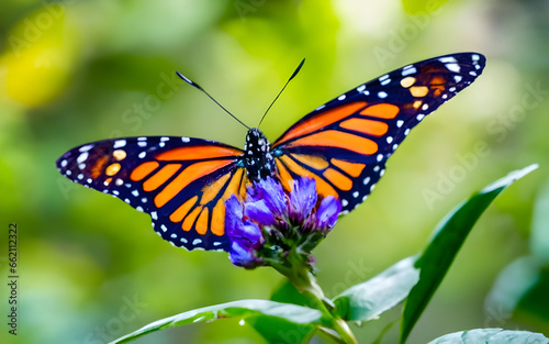 butterfly on a flower Create a vibrant and multicolored butterfly with an intricate pattern on its wings. The composition should highlight the vivid and diverse color palette found in butterflies. Gen