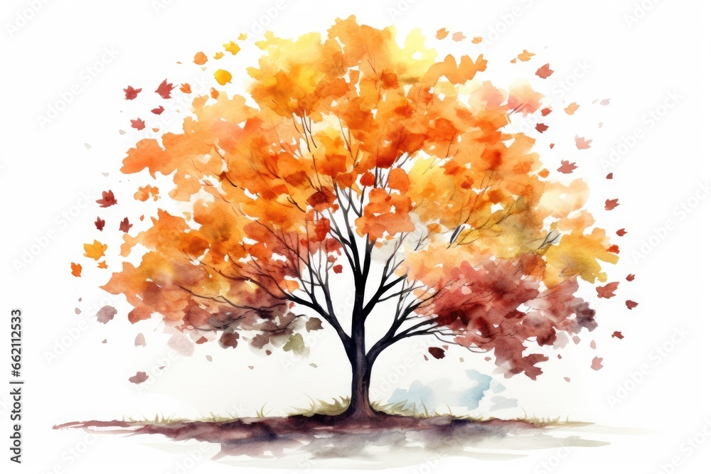Autumn tree of various colors isolated on white background. Painted style