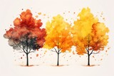 Autumn trees of various colors isolated on white background. Painted style