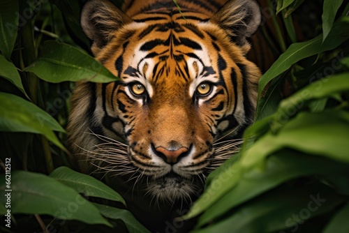 Close-up shot of a majestic tiger in its natural habitat, hidden among dense foliage in a lush jungle © kardaska