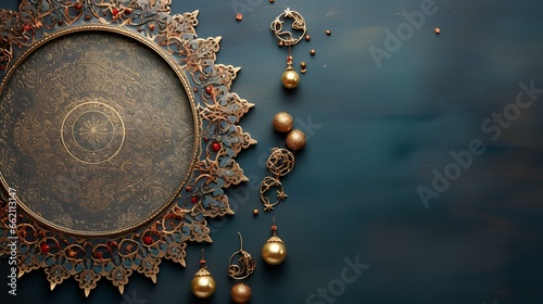 islamic new year decoration with praying beads and lantern ramadan kareem background ai generated	