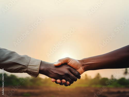 A handshake, for peace, between 2 people, with an open natural cloudy background representing an open sky © Olivier
