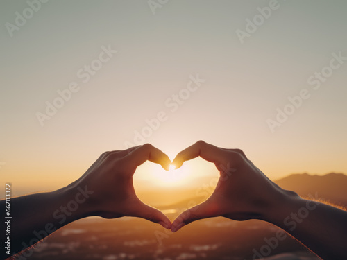 A heart shpa made with 2 hands, with an open natural cloudy background representing an open sky