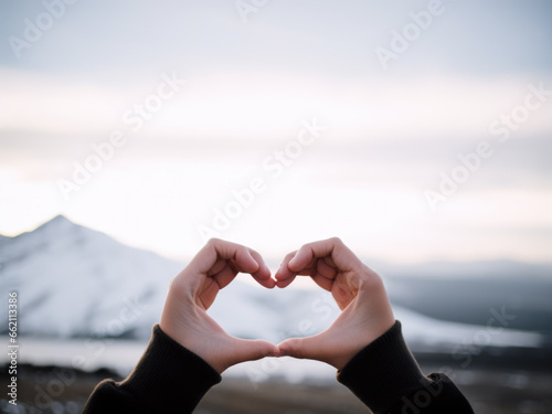 A heart shpa made with 2 hands, with an open natural cloudy background representing an open sky © Olivier