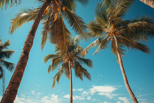 Blue sky and palm trees view from below  vintage style  tropical beach and summer background  travel concept. 