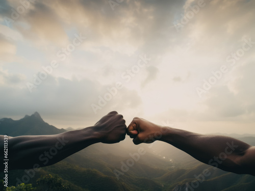 a fist bump, for peace, between 2 people, with an open natural cloudy background © Olivier