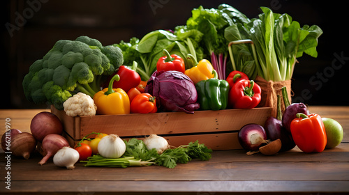 wooden box full with colorful vegetables  concept of healthy food  diet  and healthy lifestyle 
