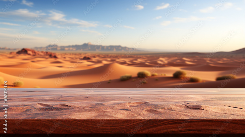 Wooden table top on blur desert background. For montage product display. View of copy space. 