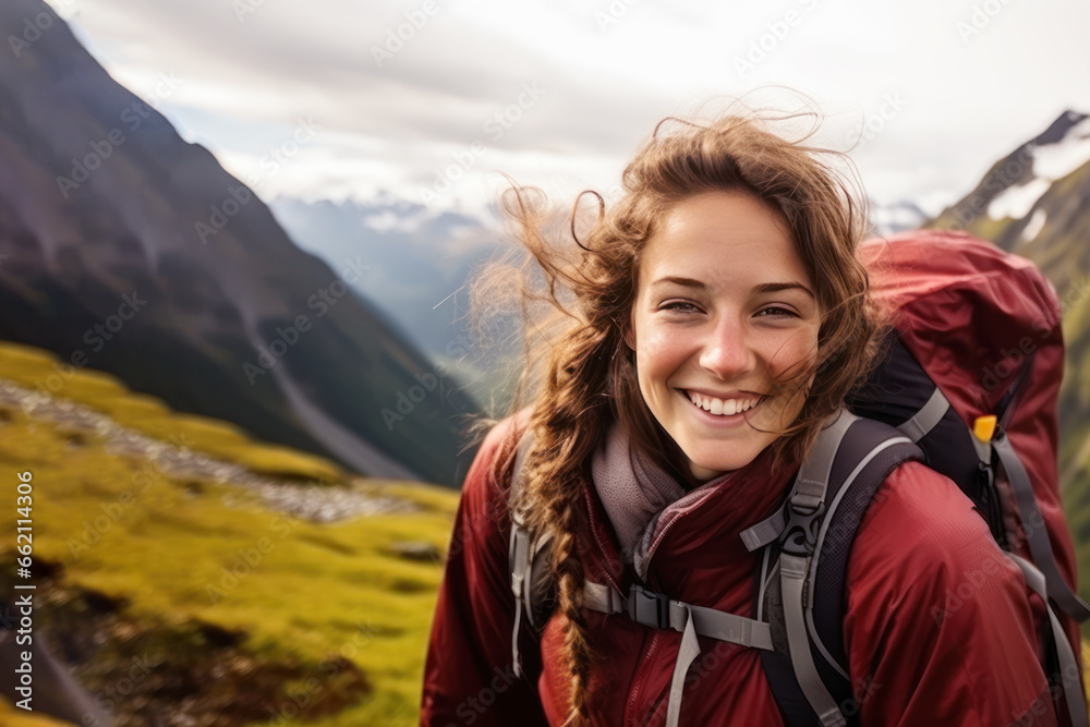 Nature lover woman smiling in jacket and backpack hiking up mountain