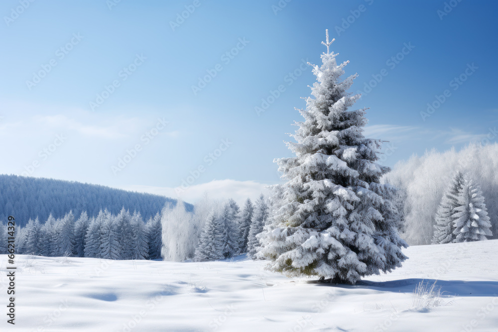 Christmas tree in snow as greeting background