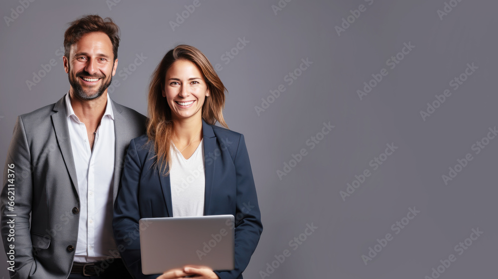 Multiracial pair of businesspeople holding laptop computer Multiracial pair of businesspeople holding laptop computer