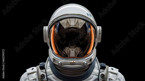 White astronaut helmet and astronaut suit, isolated on black background.