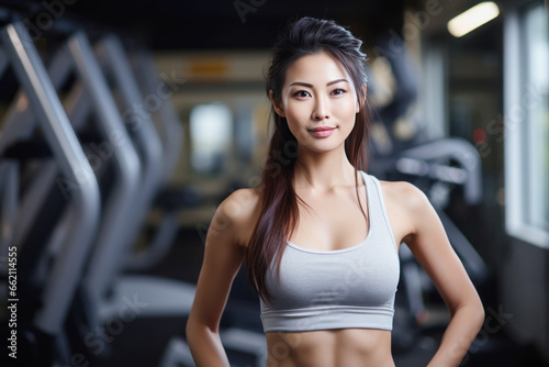 Asian woman in sportswear working out at gym doing fitness exercises