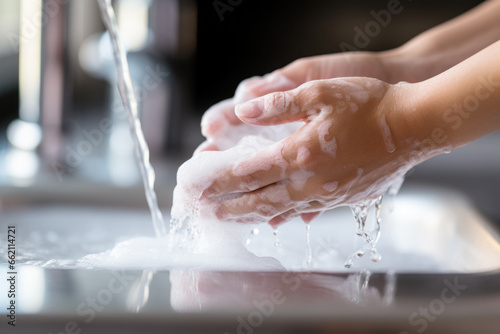 Wash hands with soap and clean water flowing from a tap