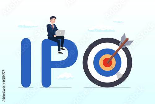 Businessman trader trading stock on alphabets IPO with bullseye target, IPO, initial public offering, company go public in stock market, investment opportunity or make profit from new stock (Vector)