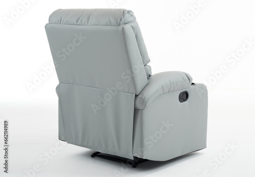 Grey reclining chair isolated on white background with clipping path, grey leather recliner armchair with massage and foot rest in reclined position, isolated on white, reclining chair isolated,