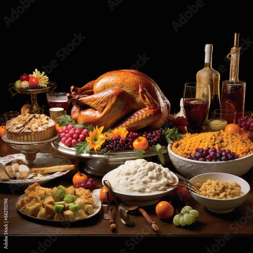 The Thanksgiving feast includes a cornucopia of dishes, from mashed potatoes to cranberry sauce, all savored with the centerpiece turkey, Generative AI