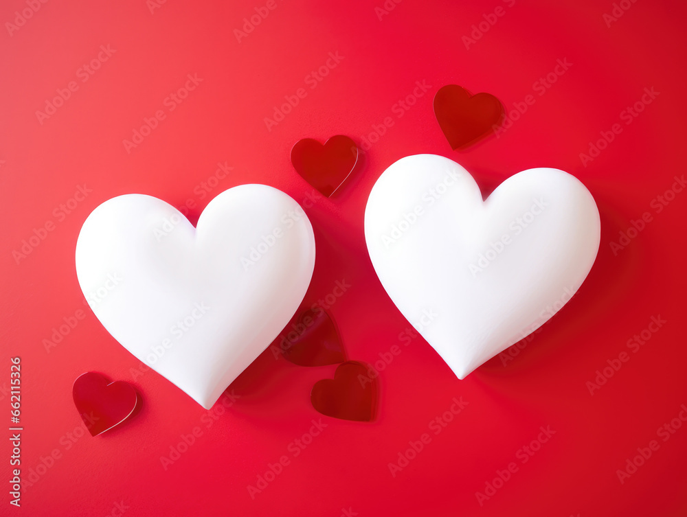 Two white valentines hearts surrounded by small red hearts on a red background