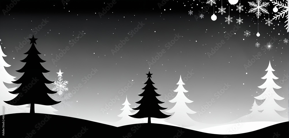 Obraz premium Black and white christmas illustration with large copy space. Winter forest landscape