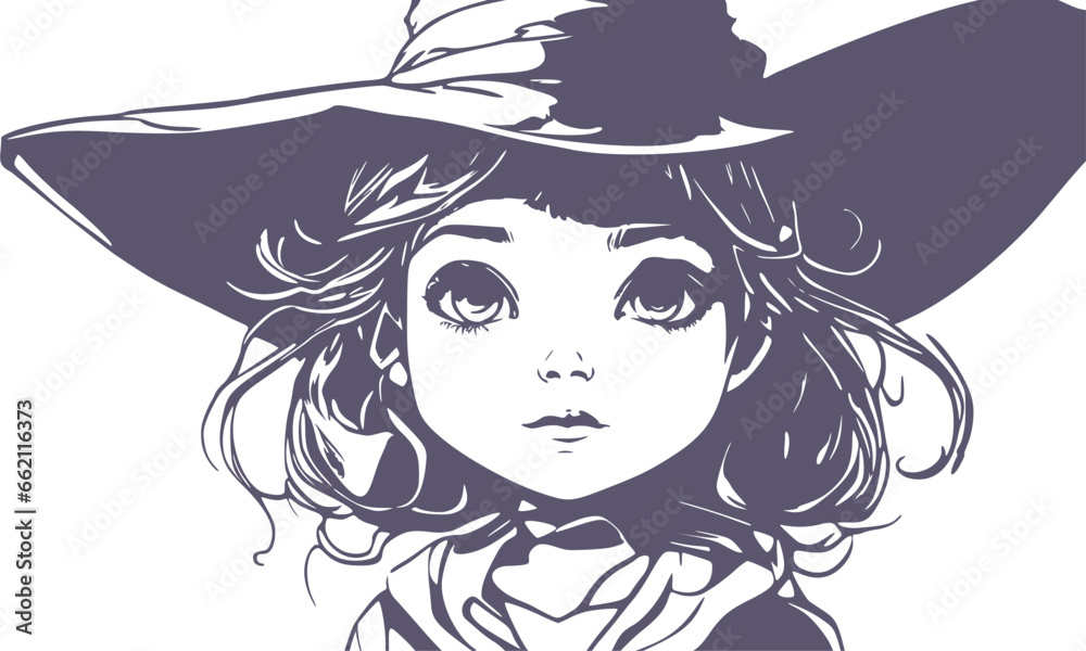 Young cute witch girl sketchbook cartoon style portrait. Long curly hair and big anime style eyes. Halloween relative smiling character