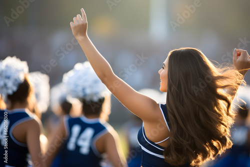 Back view of high school cheerleader performing dance routine on sports field © AspctStyle