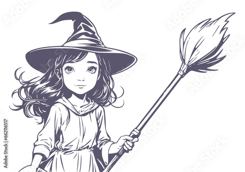 Happy young cute witch girl with broomstick sketchbook cartoon style illustration. Long curly hair and big anime style eyes. Halloween relative character