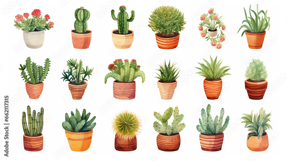 watercolor painting style illustration of cute cactus pot plants collection, AI watercolor painting style illustration of cute cactus pot plants collection, AI