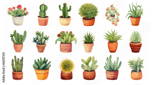 watercolor painting style illustration of cute cactus pot plants collection, AI photo