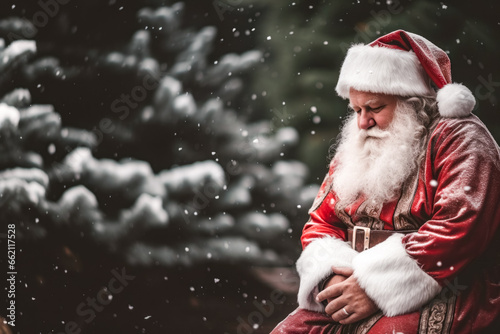 portrait of santa claus with detailed clothes, on a christmas, snowy winter background, looking sad