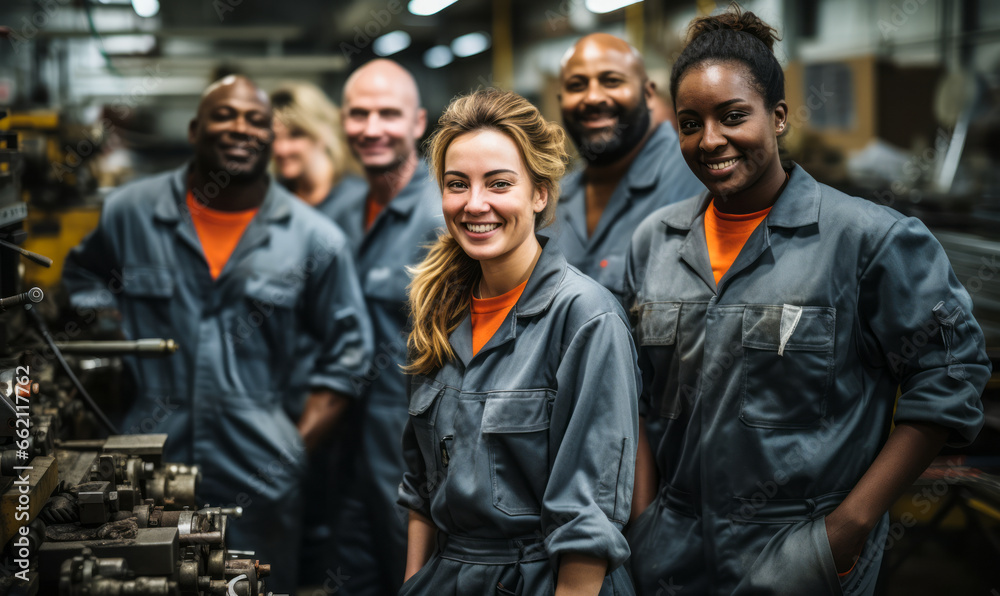 Smiling Factory Workers: Teamwork and Unity in Action - obrazy, fototapety, plakaty 