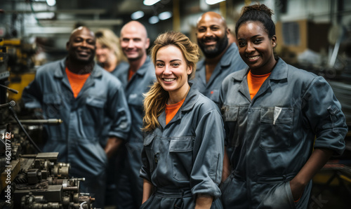 Smiling Factory Workers: Teamwork and Unity in Action photo