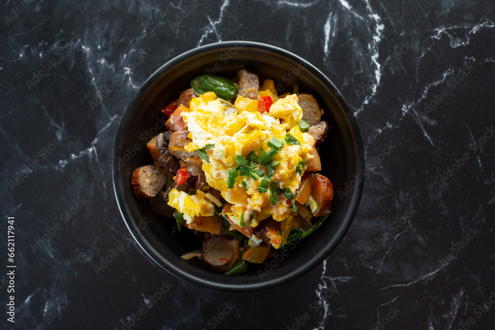 A top down view of a breakfast bowl. A top down view of a breakfast bowl.