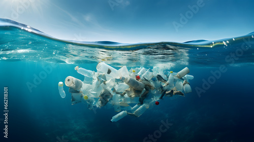 plastic waste floating in the pristine blue sea water