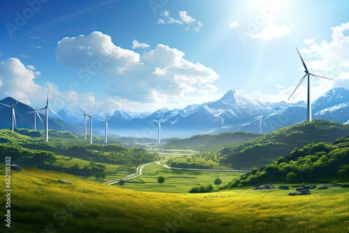 wind turbines in green valleys landscapes photo