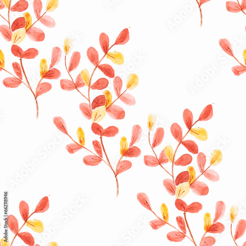 watercolor drawing, seamless pattern with yellow and brown leaves and twigs © Liubov