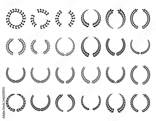 Big collection of 24 different black and white silhouettes circular laurel foliate and oak wreaths depicting an award, achievement, heraldry, or nobility. Vector illustration.	