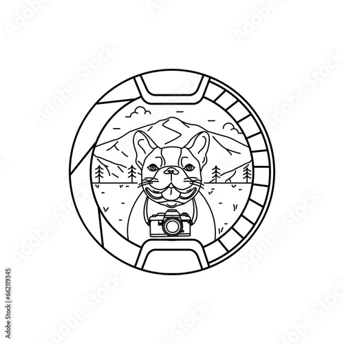 Dog with Camera line Vector  illustration on circle.