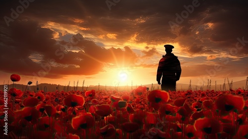 Field of red poppies on Armistice Day, a solemn and reflective scene with a single soldier silhouetted against the morning sky photo