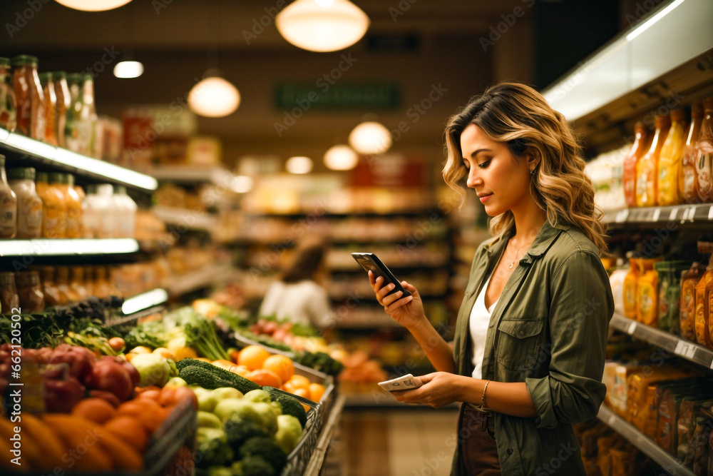 woman shopping in supermarket. supermarket, food, woman, shopping, market, store, shop, grocery, people, groceries.