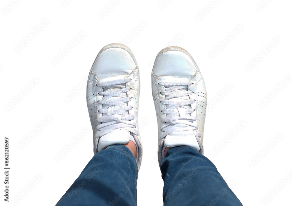 Top view of white sneakers and Blue jeans on woman legs on transparent Top view of white sneakers and Blue jeans on woman legs on transparent