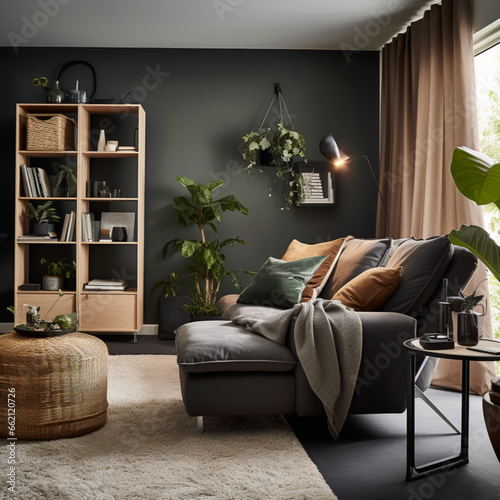 living room interior, gray color dark, light gray, beige, wood furniture