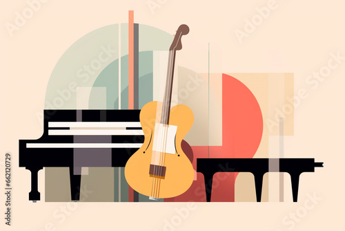 Music concept. International world music day poster design abstract colorful illustration. Guitar and piano music instruments abstract illustrative design. Muted pastel colors. Generative AI