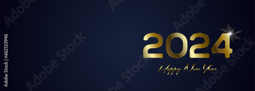 Happy New year 2024 concepts for celebrations banner, golden ribbons on gradient blue isolated over black background