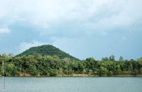 Beautiful landscape for the River and forest mountain with cloud and blue sky