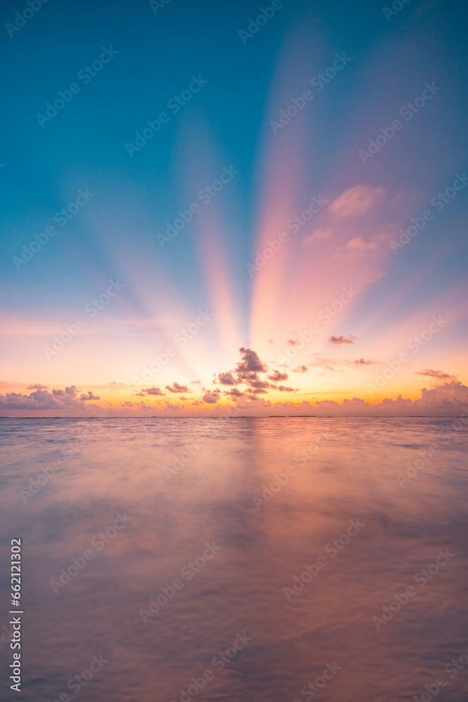 Dramatic colorful sunset sky over Mediterranean sea. Clouds sunrays. Cloudscape nature background. Panorama seascape, relaxing bright peaceful nature pattern. Majestic ocean view, calm water surface - obrazy, fototapety, plakaty 