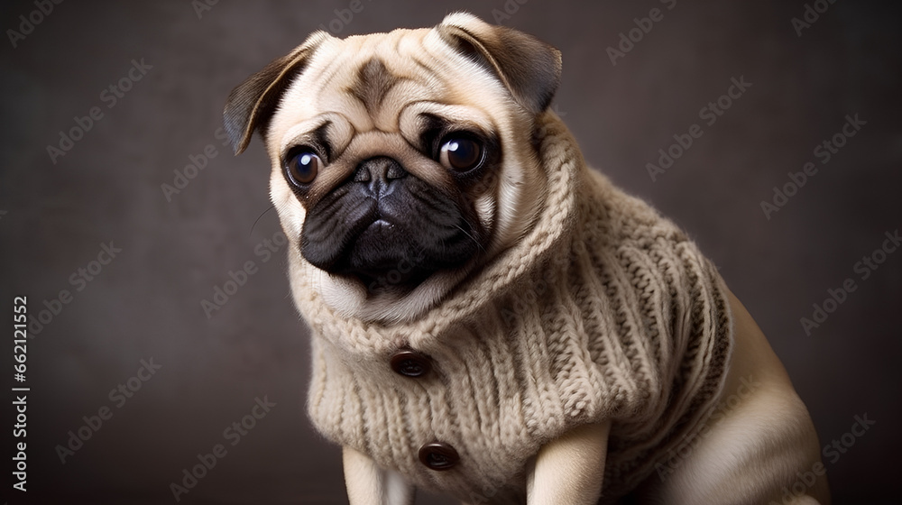 A charming pug in a beige knitted sweater on a gray background.