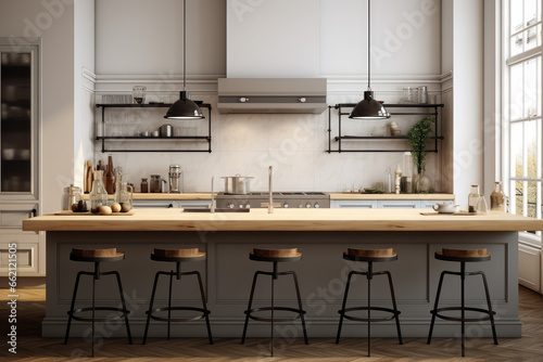 modern kitchen with stools and refrigerator